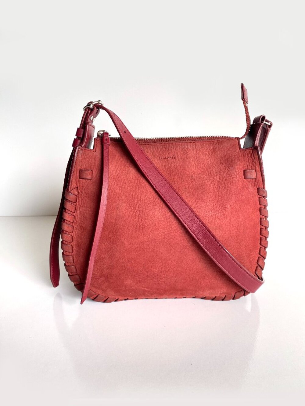 AllSaints Red Ray Soft Suede Leather Crossbody Bag